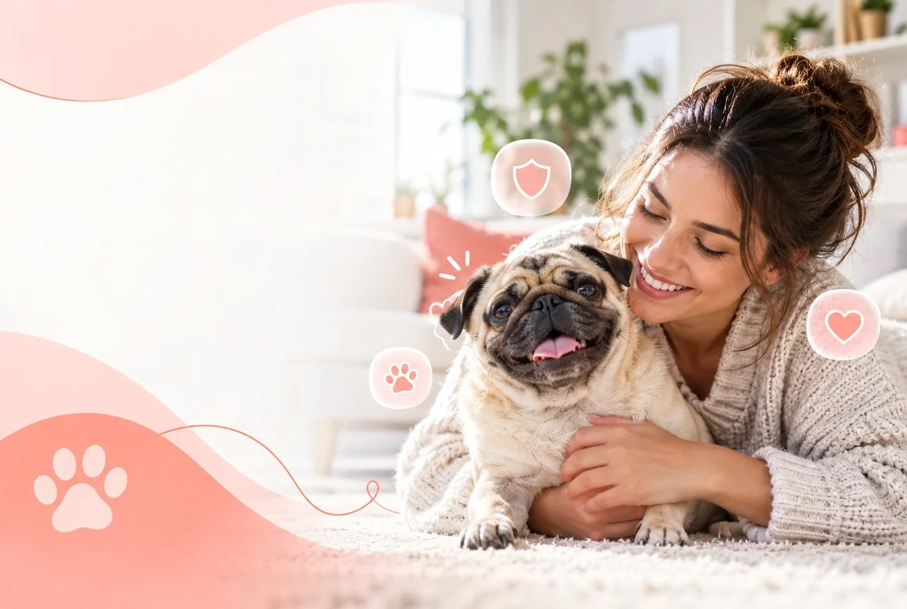 Pug beside owner on sofa with coral decorative icons